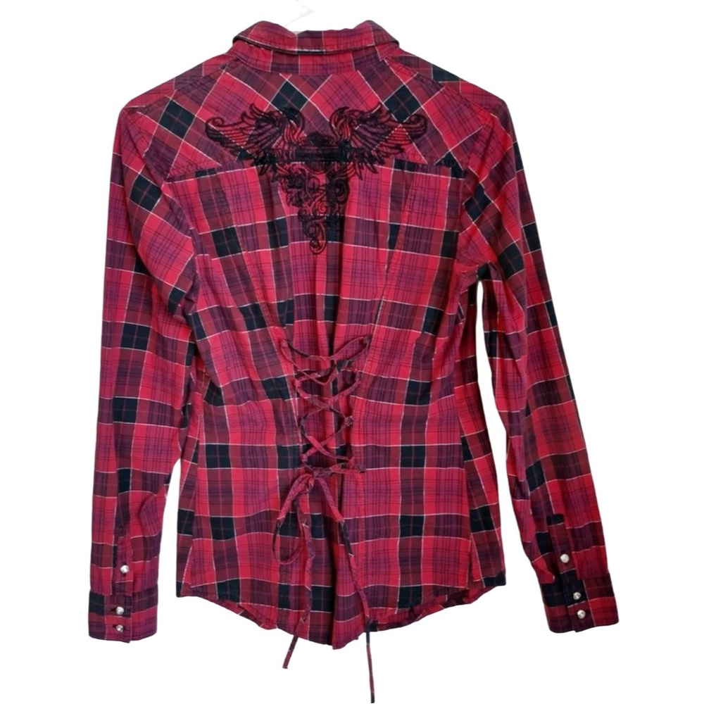 Harley Davidson Red & Black Plaid Button Front Lace Cinch Back Shirt XL